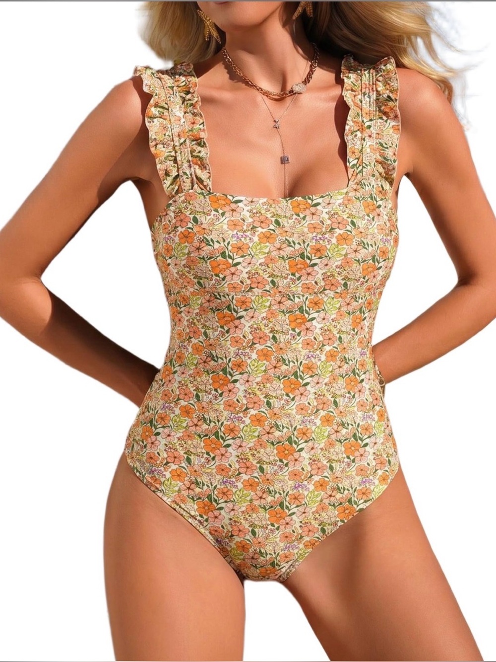 Ruffled Strap Floral One-Piece Swimsuit Floral or top part with some jeans?